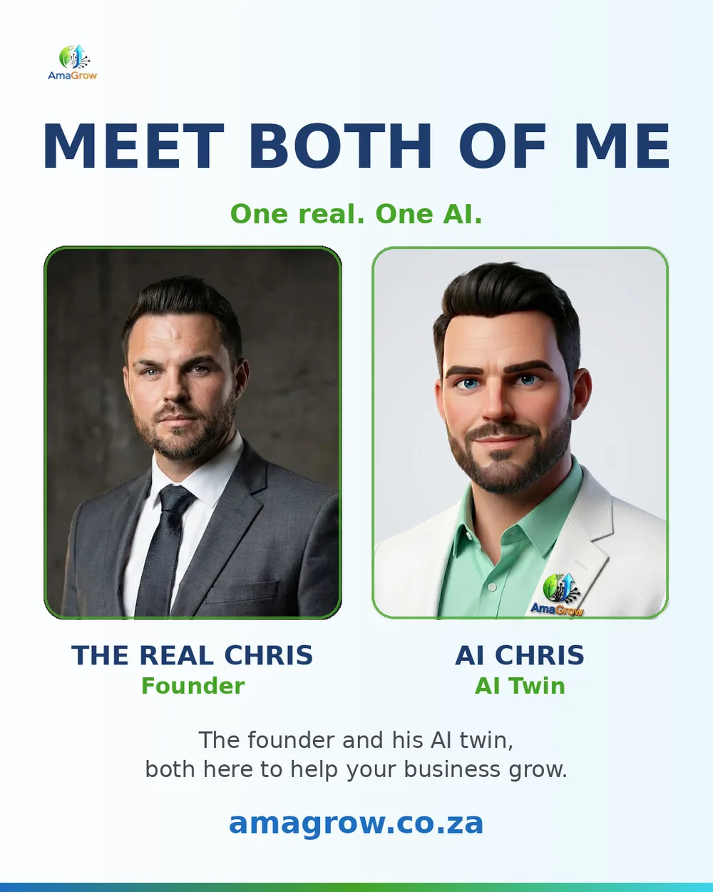 Chris, the founder of AmaGrow, alongside AI Chris, his honest digital twin