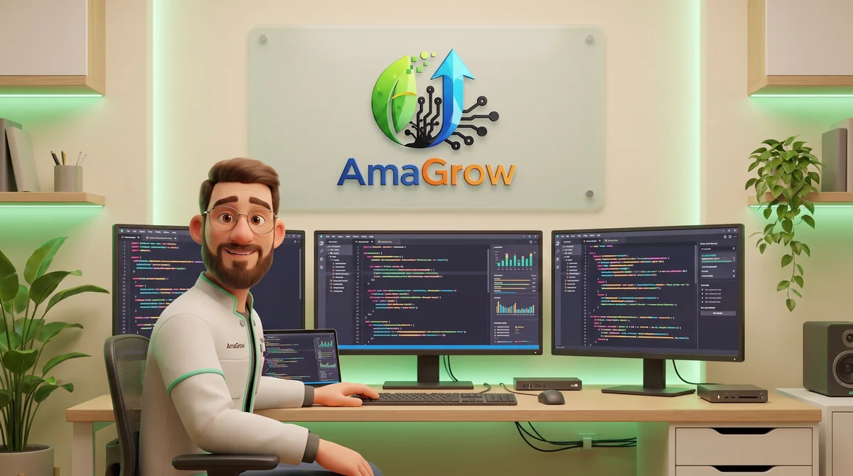 Devo, the AmaGrow AI website builder, at his desk of code screens
