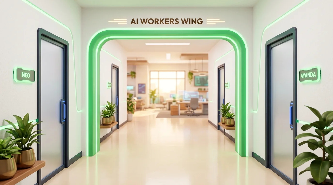 The AmaGrow AI office hallway, where Roxy, Neo, Thandi, Ayanda and Scout answer customers around the clock