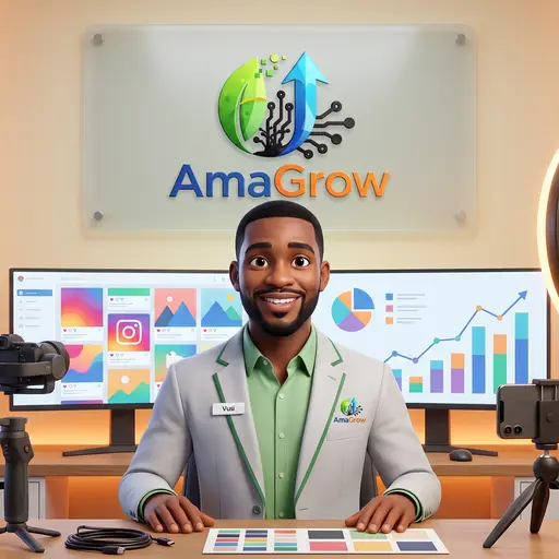 Vusi, the AmaGrow marketing fundi, at his workstation of social feeds and charts