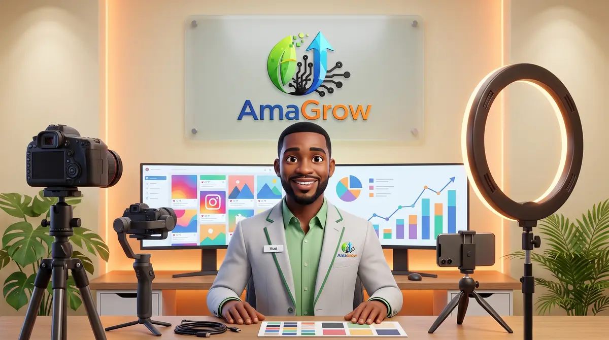 Vusi, the AmaGrow marketing fundi, at his workstation of social feeds and charts